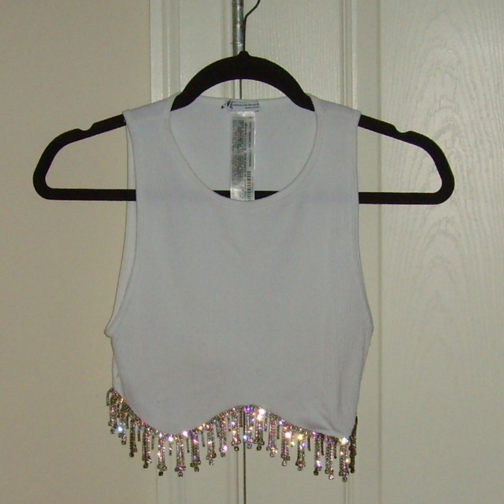 ZARA White Midriff Ribbed Top with Clear Rhinestones (XS)